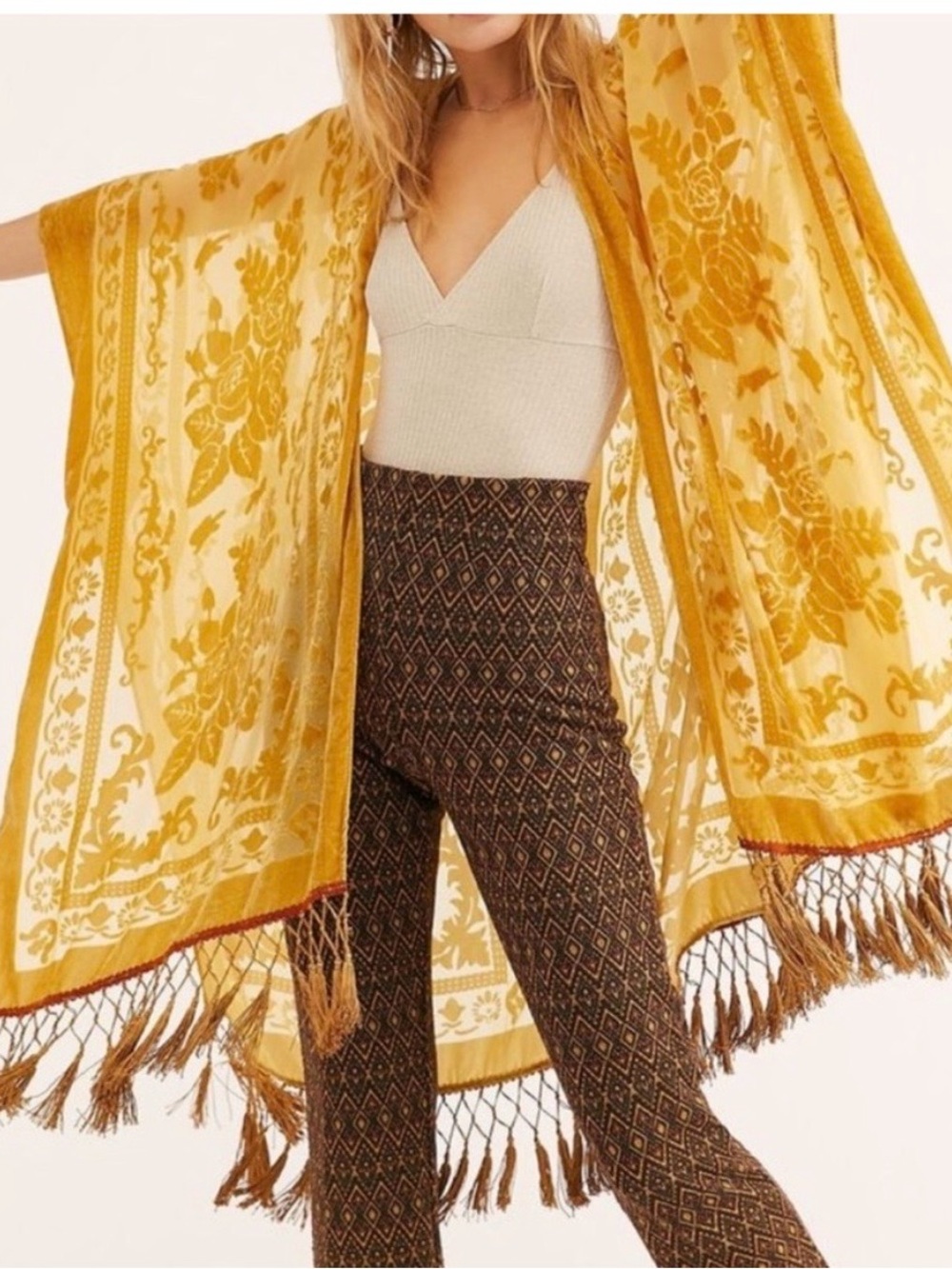Free People Yellow Burnout Velvet Floral Fringe Boho Kimono